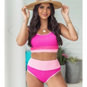 DO NOT DISTURB PINK COLOR BLOCK SWIM TOP